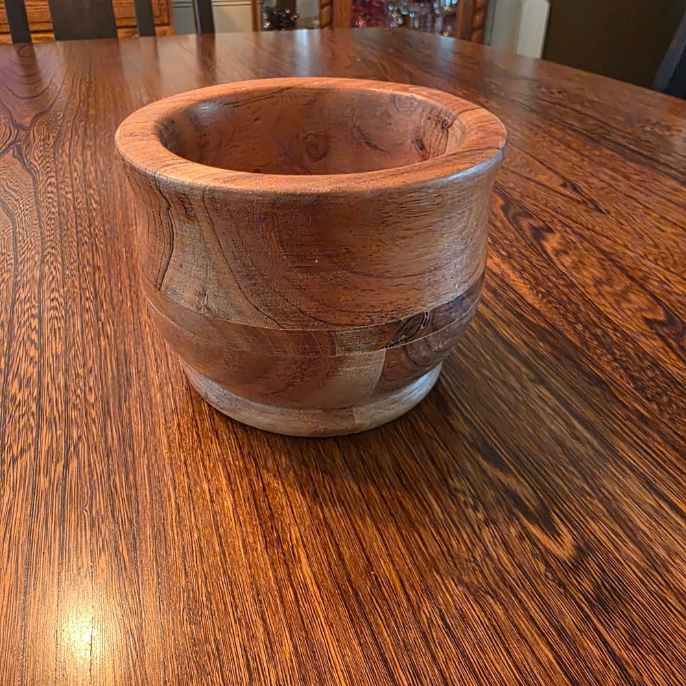 Handmade Turned Wooden Bowl Planter Brown Natural Grain Made in India 5.5in